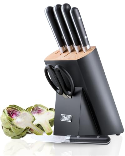 Sabatier Professional 6-Piece Knife Set with Block – Kitchen Knives with Sharp Stainless Steel Blades - Carving, Bread, Chef, Utility, Paring Knife, & Scissors for Cutting Meat, Vegetable, Fruit