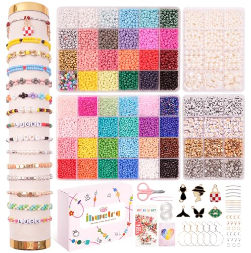 JHWELRG Selber Machen 4mm und 3mm Perlen für Armbänder 4-Kits,DIY Schmuckherstellung Perlen zum Auffädeln,Mit Buchstaben Beads,Geschenk für Erwachsene & Kinder für Weihnachtsferien,Geburtstags,Partys