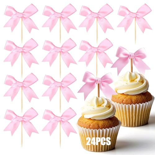 VICDUEKG Schleifen Tortendeko, 24 Stück Schleifenband Cupcake Toppers Hochzeit, Cupcake Muffin Kuchen Deko Mädchen, Kuchendeko für Taufe Geburtstag Deko (Rosa)