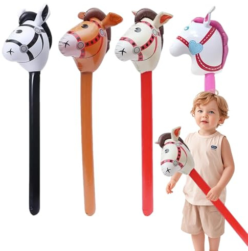 4 Stück Aufblasbare Pferdekopfstäbe, Steckenpferd,Aufblasbarer Stock Stockpferd(100 cm)，Rot/Schwarz/Braun/Rosa. Für Theme-Partys, Geburtstage, Weihnachten