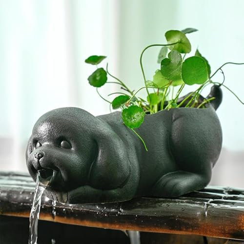 Puppy Shape Pond Water Spitters, Fish Tank Automatic Circulation Water Landscaping Ornaments, for Home Outdoor Koi Pond Decor, Spitter Pond Water Feature(Black)