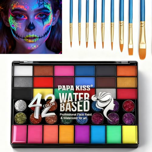 42 Colors Pearlescent Fluorescent Glitter Face & Body Paint Kit with 10 Brushes Professional Face Painting Set for Christmas Halloween Festivals Parties Cosplay Makeup