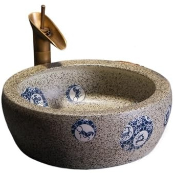 Vasque à Poser Lavabo rond en céramique for salle de bain, balcon, extérieur, style rétro (accessoires inclus) Evier salle de bain
