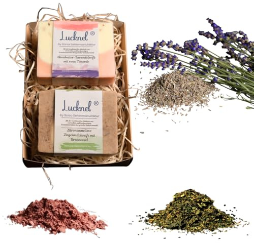 Lucknel® Naturseife Geschenkset 2er Set handgemachte Premiumseifen aus natürlichen Zutaten– Lavendel & Rosa Tonerde, Zitronengras-Ziegenmilch-Nessel – Familienmanufaktur mit 14 Jahren Seifen-Erfahrung
