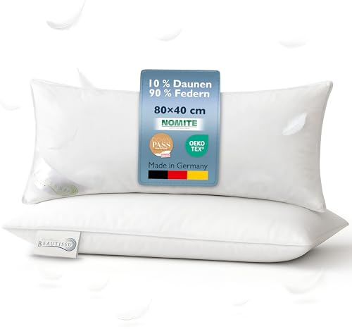 Beautissu 2er Set Daunenkissen 40x80 – Kopfkissen 80x80 Daunen & Federn 100% Made in Germany – Federkissen 40 x 80 cm – Oeko-Tex, Downpass & Nomite Zertifiziert – Waschbar & Trocknergeeignet – FK