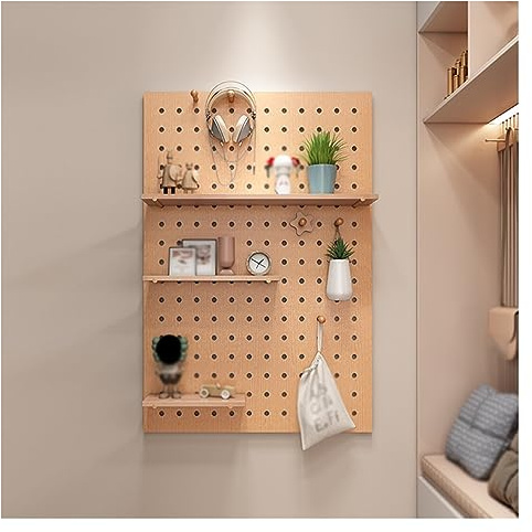 Multifunctional Wooden Pegboard Wall Set Wall Mounted Storage Panels for Bedroom Office Study & Bathroom Modular Display Shelf (80x60cm)