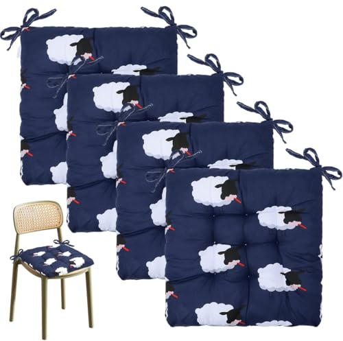 Tutamaz 4 Stück Cartoon Stuhlkissen, 40 x 40 cm Sitzkissen mit Bändern, Kissen für Gartenstühle, Sitzpolster für Indoor und Outdoor, Stuhlauflage für Esszimmer, Wohnzimmer, Studierzimmer (Schaf-Blau)
