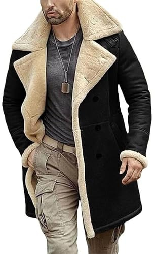 J'Jackin Men’s Long Shearling Trench Coat – Black B3 Leather Aviator Winter Coats X-Large