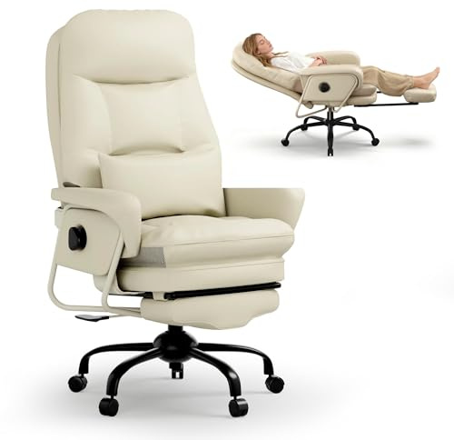 FLEXISPOT Luno Chefsessel Ergonomischer Bürostuhl mit Fußstütze | 160° Liegefunktion, Katzenkratzfestes Kunstleder Ideal zum Arbeiten, Entspannen & Mittagsschlaf Beige