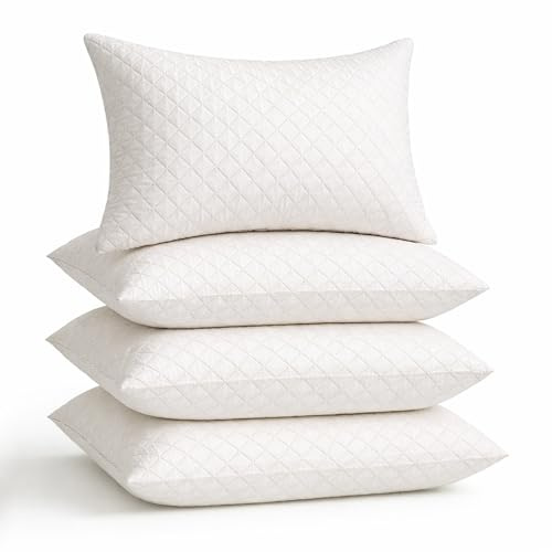 Ultrasonic Quilted White Hollowfibre Pillows 4 Pack – Luxury Firm & Plump Bed Pillows for Sleeping, Hypoallergenic Down Alternative Bounce Back, Side & Stomach Sleepers, Dust Mite Resistant