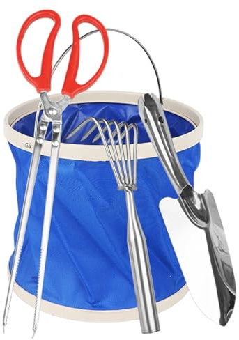 Kit combinato da spiaggia definitivo: set di rastrelli per vongole da 4 pezzi con secchio pieghevole, rastrello per sabbia resistente e pala per sgusciare e giardinaggio