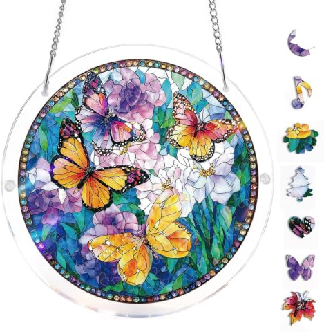 Acrylic Jigsaw Puzzle Suncatcher, Sun Catcher for Window Garden (Butterfly) | 83 Pieces Acrylic Suncatcher Puzzle with Frame and Chain, DIY Home Decor Gift for Women Men Birthday, 7 In