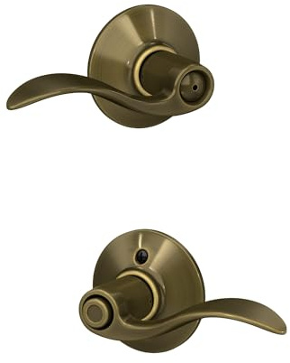 SCHLAGE F40ACC609 Accent F40 Flat Wave Reversible Non-Handed Door Lever Lockset, Solid, Antique Brass, Privacy