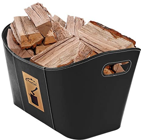 Holzkorb Tasche Kaminholzkorb Brennholzkorb Brennholzholztasche Kunstleder schwarz 53x35x31cm