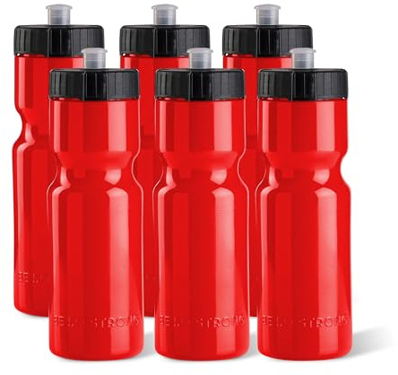 Sports Water Bottles, 6-Pack, 22 oz Reusable BPA-Free Plastic Bottles with Pull-Top Cap, Top Rack Dishwasher Safe, Fits Most Bike Cages, Made in USA, Brand: 50 Strong, Red