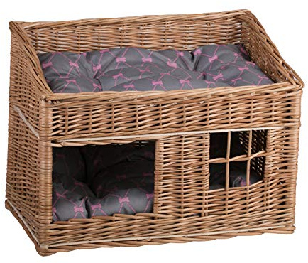 e-wicker24 Rechteckige Katzenhütte in Naturfarbe, Katzenkorb aus Weide, Korb für die Katze mit Zwei Etagen, Katzenlager mit Kissen und Fenster (Natur, Grau)