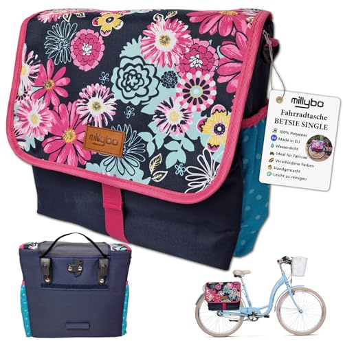 millybo BETSIE Single Gepäckträgertasche Fahrradtasche Gepäckträger Tasche Fahrrad Tasche viele Muster (110.001 Meadow&Dots Navy-Blue)
