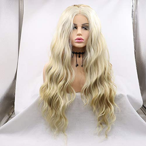 SereneWig Drag Queen Damenperücke, pastellblond, Highlight, synthetische Lace-Front-Perücke für Frauen, lange Wasserwellen, gemischte Blond-Perücke, für den täglichen Gebrauch, Cosplay, Festival,