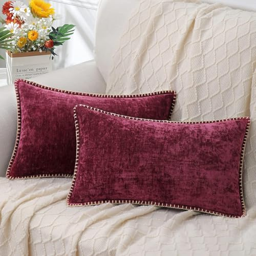 decorUhome Chenille Soft Cozy Throw Pillow Covers 12x20 Set of 2, Modern Farmhouse Boho Velvet Decorative Pillow Cases with Stitched Edge for Couch Sofa Bed Home Decor, Rhododendron