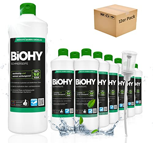BiOHY Schmierseife (12 x 1 Liter) + Dosierer | Konzentrat für Bodenreinigung – Wischpflege für Holz, Parkett & Fliesen | Rückfettend, extra stark & ergiebig | Flüssiger Bio-Fußbodenreiniger