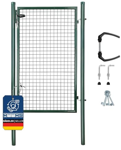 ATTAS Gartentor Metall | 150x100, grün, inkl. Schloss und 3 Schlüssel abschließbar| Zauntür, Gartentür für Doppelstabmattenzaun Tor, Zauntor Metall, Hoftor, Rund