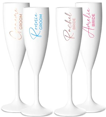 Print Maniacs Personalised Champagne Premium Flute Glass Bride Groom Mr Mrs Wedding Maid Honour Any Name Wine Cocktail Prosecco Gift (White, Bride + Groom Set)