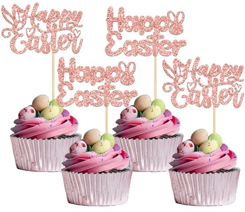 Gyufise 24Pcs Happy Easter Cupcake Toppers Rose Gold Glitter Bunny Easter Cake Toppers Decorations For Bunny Easter Theme Spring Birthday Babyshower Party Decorations