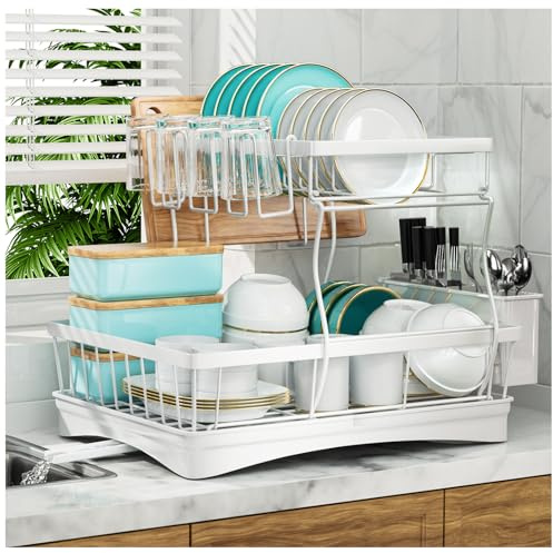 7 code Large Dish Drying Rack for Kitchen Counter,Detachable Large Capacity Dish Drainer Organizer with Utensil Holder,2-Tier Dish Drying Rack with Drain Board,White