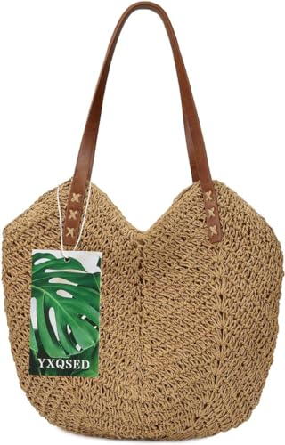 YXQSED Damen Gewebte Tasche Stroh Handtasche -Strandtasche Stroh Sommer Umhängetaschen Handgemachte Schultertaschen für Frauen Groß