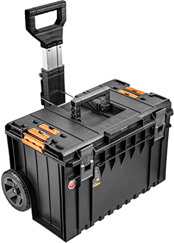 NEO TOOLS Modulare Werkzeugbox auf Rädern, ausziehbarer verstellbarer Griff, stabile Verbinder, stabile Konstruktion, Dichtung im Deckel, Schneidführung mit Maßband, Trennwand, 585x460x765mm