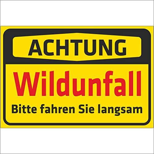 INDIGOS UG - Schild Achtung - Wildunfall - Bitte Fahren Sie langsam - 200x150 mm - 3mm Aluverbund Schilder für Hotel, Firma, Schutz, Kita, Arzt, Praxis, Wohnung - UV- & wetterbeständig - Hinweisschild