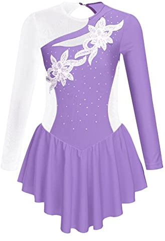 CHICTRY Eiskunstlauf Kleid Mädchen Langarm Rollschuhkleid Strass Glitzer Tanzbody Farbblock Patchwork Leotard Mit Wickelrock Dancewear