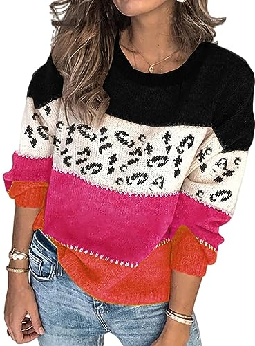 HEYPORK Damen Herbst Winter Warm Bequem Pullover Casual Mode Strickjacke Strickpullover Frauen Persönlichkeit Leopardenmuster Spleißen Mode Strickpullover Pullover(B Rot, XL)