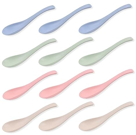 STNRST-IN 12 Pieces Wheat Straw Soup Spoons, 5.3 Inch Colourful Unbreakable Cereal Dinner Meal Spoon, Portable Asian Soup Spoons, Wheat Straw Utensils for Kid and Adult, Microwave Dishwasher Safe
