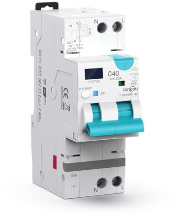 TONGOU RCBO Intelligent Interrupteur Différentiel 1P+N WIFI/TUYA App，Disjoncteur Fi Automatique Réarmable Type AC 6kA, Protection contre les surintensités et fuites Rail din (1-40A/ 30-100mA)