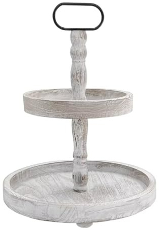 Farmhouse 2 Tiered Tray Stand for Home Decor, Wooden Serving Tiered Tray for Coffee Bar Table Centerpiece, Decorative Trays Kit for Countryside, Round Rustic Stand for Cake Cupcake(White)