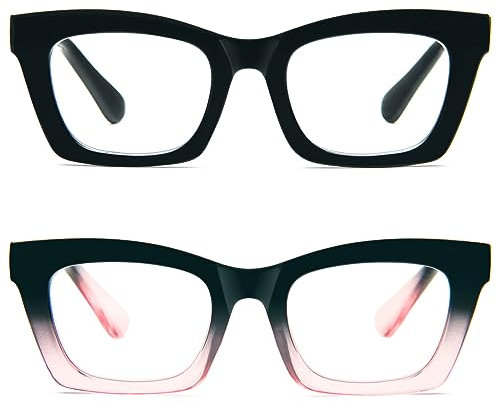Kodilin 2 Pacco Occhiali da Lettura Vintage Oversize Square Frame Grande Retrò Quadrati Rettangolar Anti Luce Blu per Donna Cerniera a molla Nero+Nero Rosa 3.0