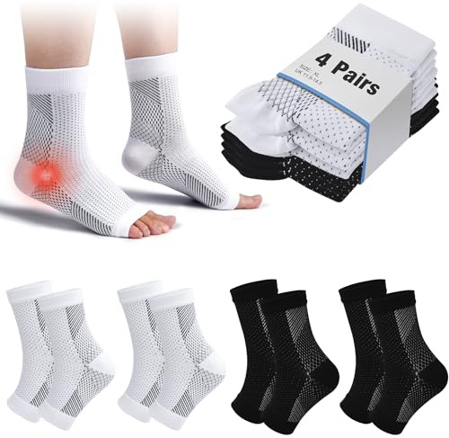 4 Paar Kompressionssocken Damen Herren Sprunggelenkbandage Kompressionsstrümpfe Knöchelbandage Fußbandage für Plantarfasziitis Arthritis Verstauchte Knöchel Fersensporn Sport (Schwarz+Weiß, 47-51)