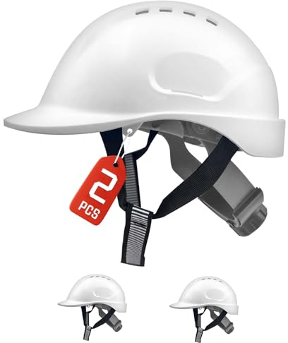 Mustbau 2 Pack Casco da Lavoro EN397, Elmetto Antinfortunistica da Costruzione con Cinturino a 6 Punti, 52 a 66cm Fascia Regolabile, Casco Altamente Traspirante per Uomini, Donne - Bianco
