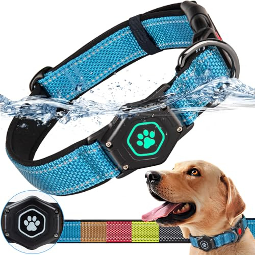 Leuchtendes Airtag-Hundehalsband, strapazierfähiges Hundehalsband mit wasserdichter Apple Air-Tag-Halterung, verstellbar, weich und reflektierend, GPS-Tracking-Hundehalsband für mittelgroße und