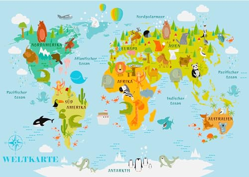 Lineo® Bunte Weltkarte für Kinder XL Kinderweltkarte Poster; Lern- und Spaßkarte für junge Entdecker mit Tieren & Kontinenten Kunstdruck 60 x 42 cm