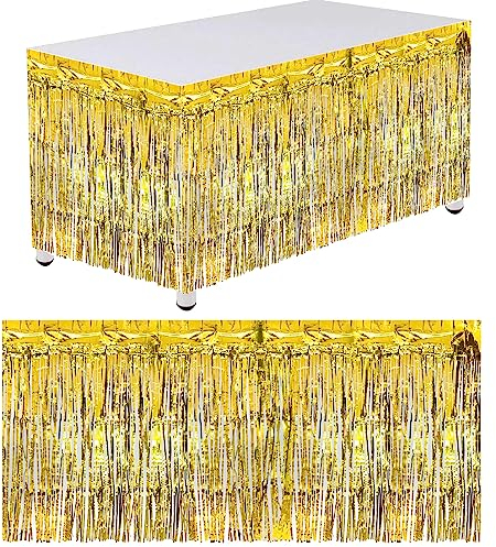 Qililandiy 2 Stück Lametta Vorhang Glitzer Vorhang Party Deko Tisch Folienfransen Vorhang 75 x 275cm für Partydeko Geburtstag Verlobung Hochzeit (Gold)