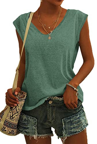 NARRAME Camiseta de Verano para Mujer con Cuello en V, Blusas de Verano holgadas, Manga Corta, aireadas Liso Verde Oscuro Medium M 38-40