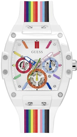 Guess Herren-Armbanduhr, 41 mm, Regenbogenarmband, weißes Zifferblatt, weißes Gehäuse, Regenbogen, modern