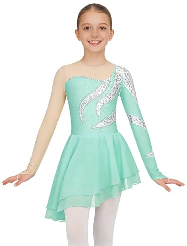Miaeowve Kürkleider Eiskunstlauf Mädchen Kleid Kinder Strass Glitzer Tanzkleid Langarm Patchwork Ballett Body Mit Asymetrisch Chiffon Rock Tanzkostüm
