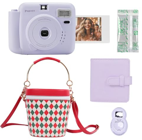 POPOTO Cámara instantánea con bolsa de cubo, mini 12 calcomanías de decoración de cámara instantánea, marcos, álbum de fotos y más kit de accesorios, color morado