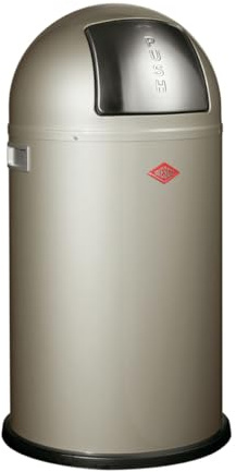 WESCO Pushboy Mülleimer in der Farbe neusilber, pulverbeschichtetes Stahlblech, 50 Liter Volumen, große Edelstahlklappe, herausnehmbarer Innenbehälter
