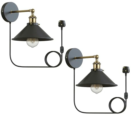 LEDSone 2 Pack Plug in Wall Lights for Bedroom, Black Plug in wall Sconce | Dimmable Switch, 2M Cable, E27 Base, Vintage Industrial, Metal Wall Sconce Beside Wall Lights for Reading Room Kitchen