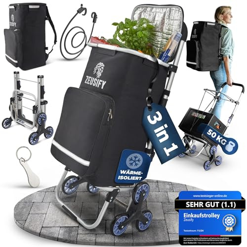 Zeusify Chariot de courses pliable [XXL compartiment réfrigéré] Hackenporsche Treppensteiger 50L Volume Sac de courses avec roulettes, imperméable, pliable (Noir, 50 L)