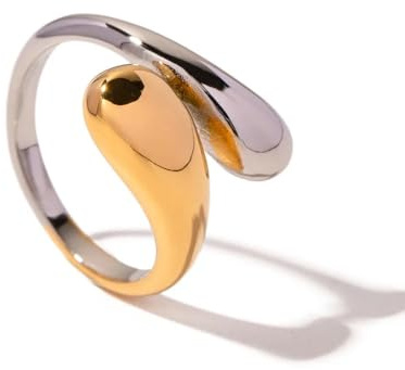 DJADEE Damen Sea Drops Ring Gold Silber Bicolor vergoldet 18 Karat Gold Edelstahl Ring offen Hypoallergen Wasserfest Größe verstellbar UVP:35€